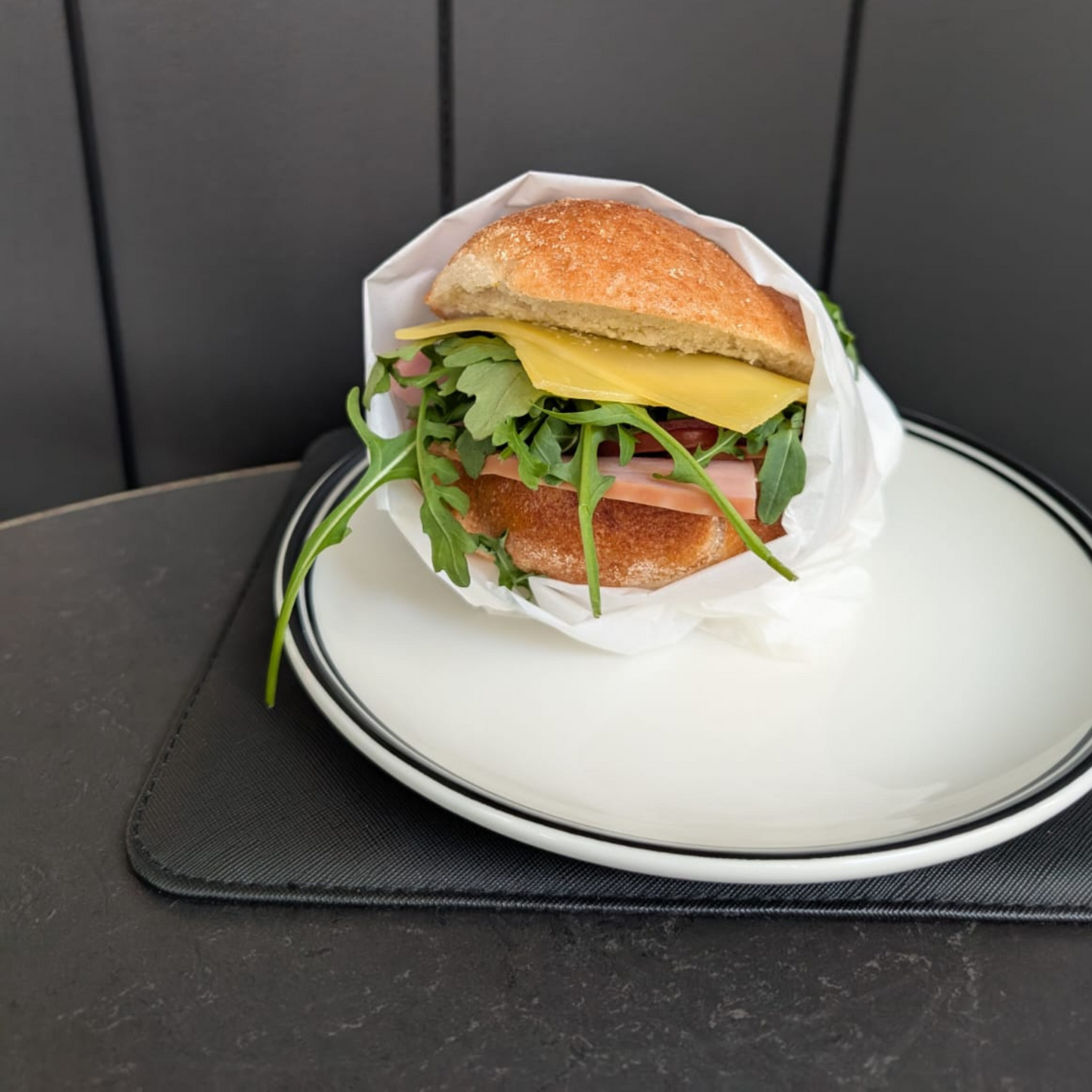 LEG HAM, mustard, tomato, pickles, rocket, cheddar, mayo, sourdough